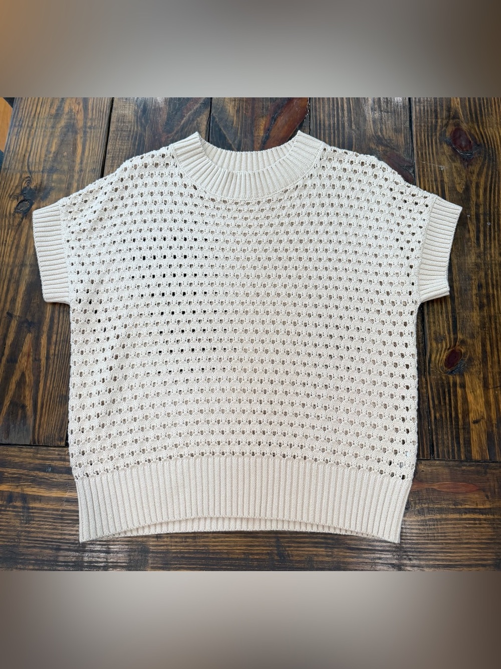 Pink Lily Cream Open-Knit Short Sleeve Crew Sweater